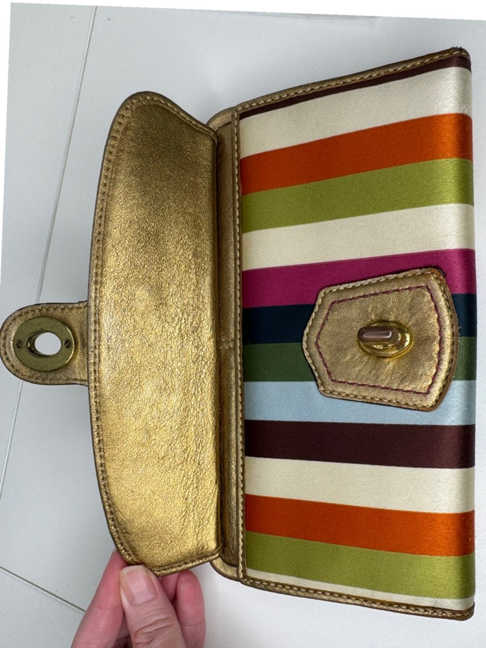 Coach Legacy Multicolored Striped Satin 65th Anniversary Gold Turnlock Wallet - Picture 7 of 16